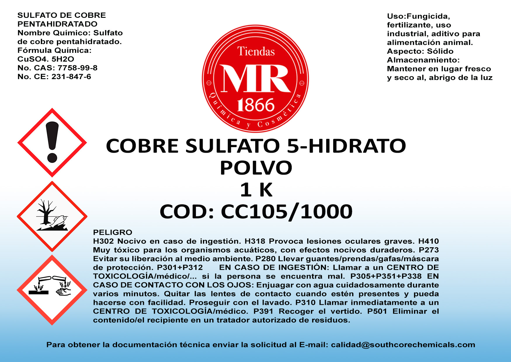 COBRE SULFATO ANHIDRO 1K