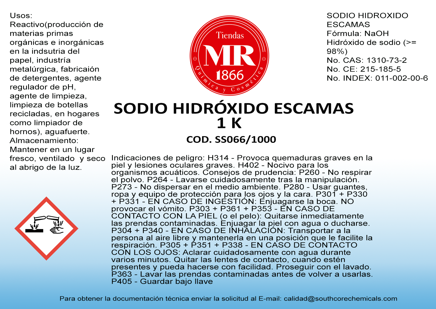 SODIO HIDROXIDO ESCAMAS 1 K