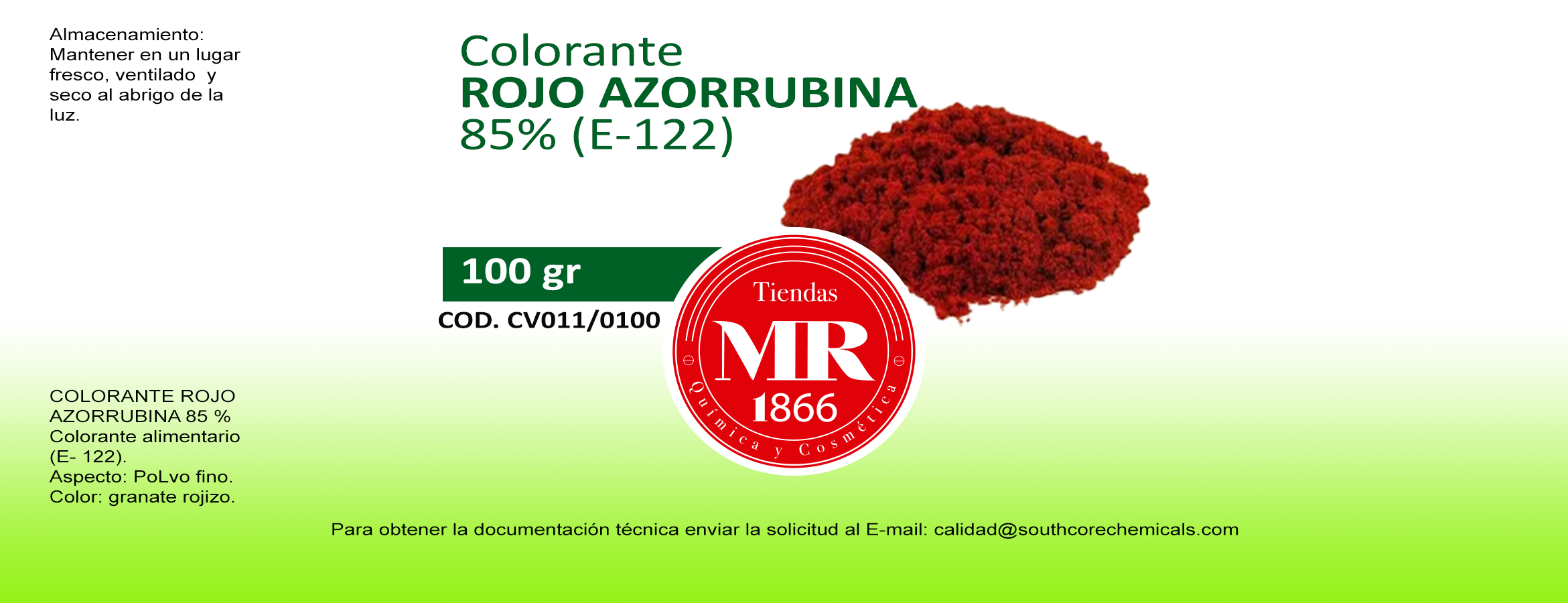 coloranate rojo azorrubina 100 gr