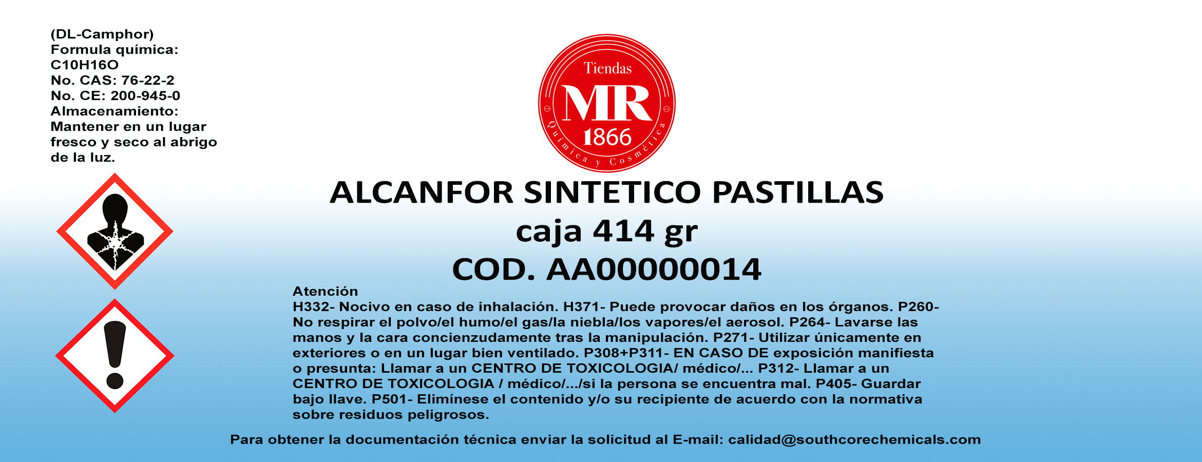 ALCANFOR SINTETICO PASTILLAS 414 gr