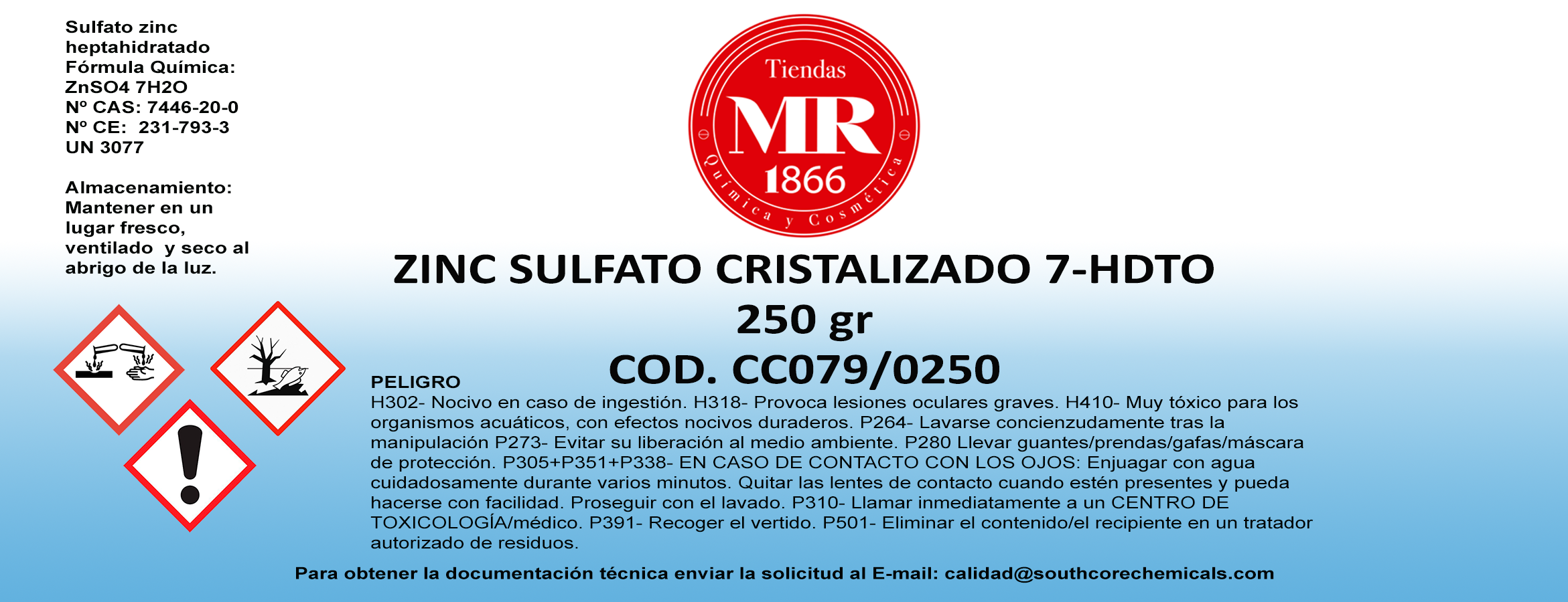 ZINC SULFATO CRISTALIZADO 250 gr