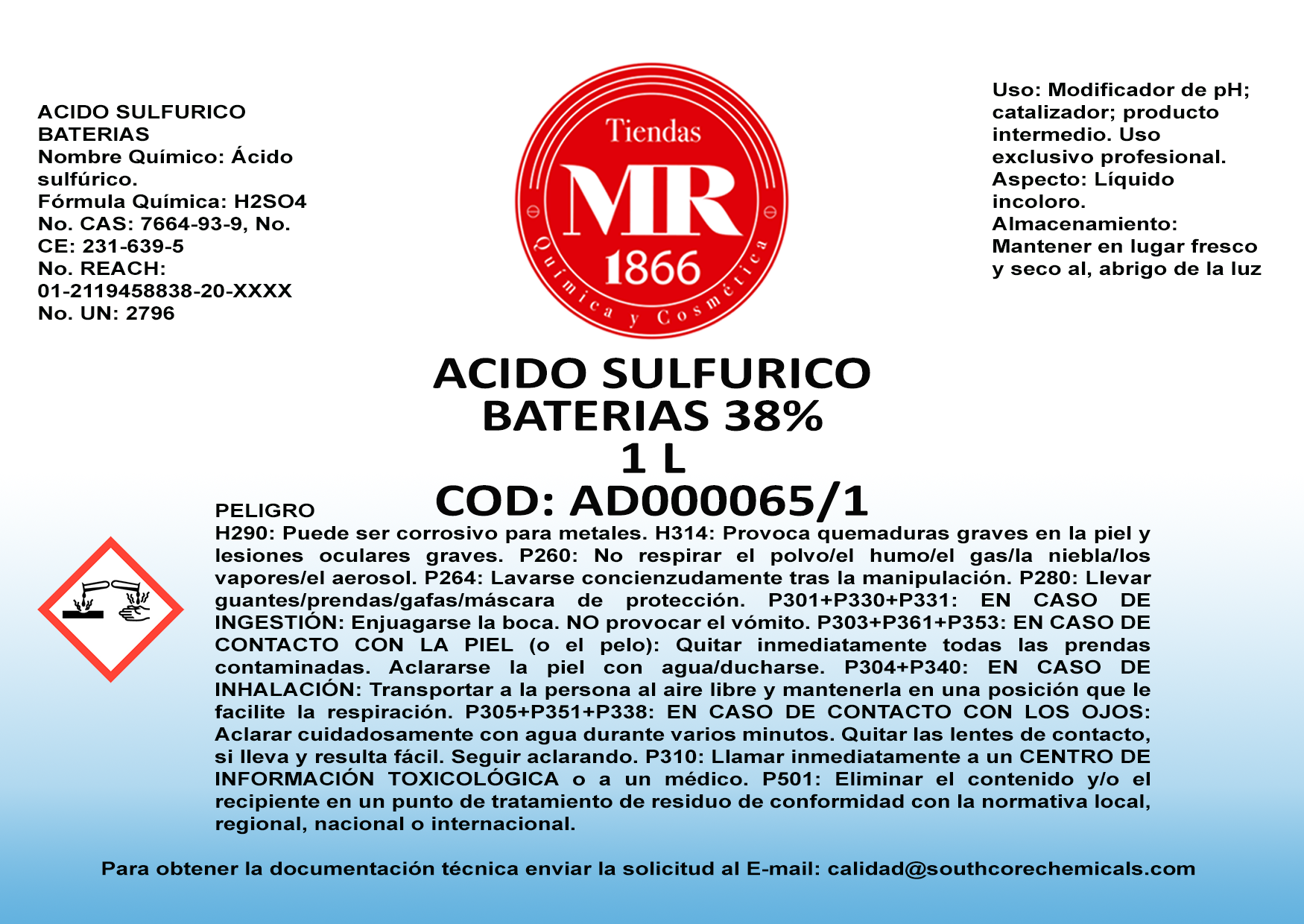 ACIDO SULFURICO BATERIAS 38% 1 L