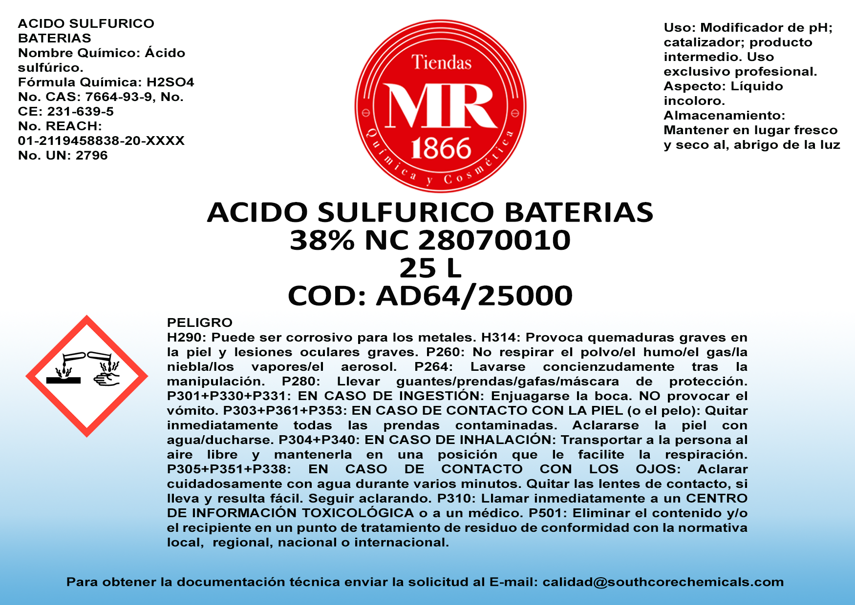 ACIDO SULFURICO BATERIAS 38% 25 L